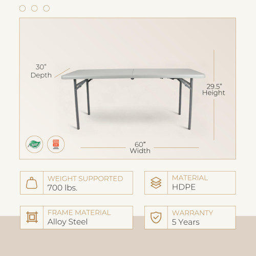 Rectangular Commercial-Grade Premium Industrial Fold-in-Half Blow-Molded Folding Table with 18-Gauge Steel Frame and Thick Top (Rectangle, 30" × 60", Speckled Gray Top)