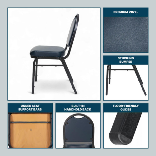 Dome Back Upholstered Stackable Banquet Chairs Premium Commercial Seating (2 Pack, Vinyl, Midnight Blue, Black Santex Frame)