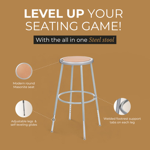Premium Commercial-Grade All-Purpose Round Stool (Height-Adjustable, 24–32 inch Range, Gray Frame, Masonite Wood Seat, 2-Pack)