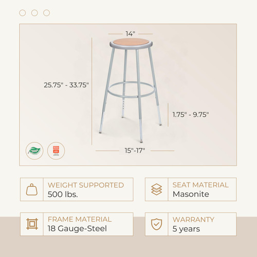 Premium Commercial-Grade All-Purpose Round Stool (Height-Adjustable, 24–32 inch Range, Gray Frame, Masonite Wood Seat, 2-Pack)