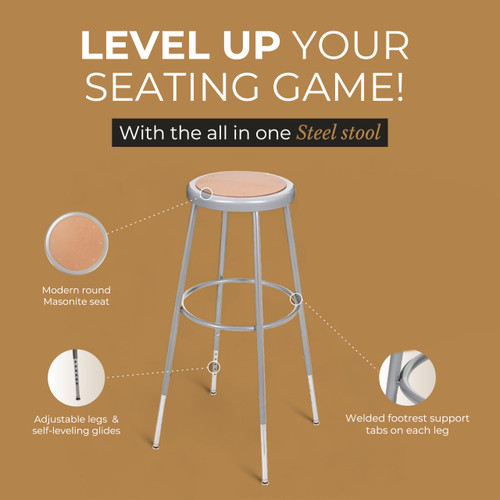 Premium Commercial-Grade All-Purpose Round Stool (Height-Adjustable, 30–38 inch Range, Gray Frame, Masonite Wood Seat, 2-Pack)