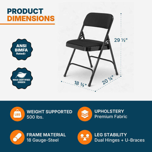 Heavy-Duty Premium Fabric Padded Upholstery Double-Hinged Folding Chairs (4-Pack, Classic Black)