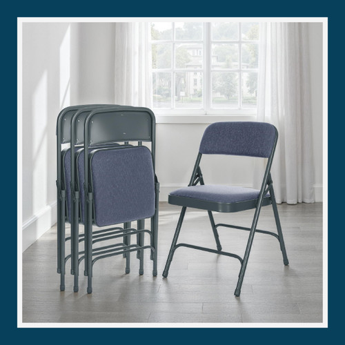 Heavy-Duty Premium Fabric Padded Upholstery Double-Hinged Folding Chairs (4-Pack, Midnight Blue)
