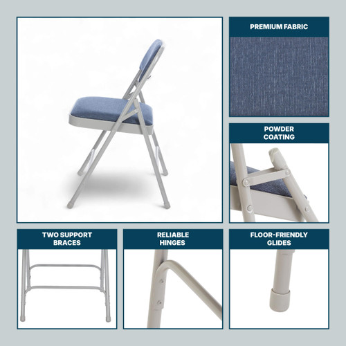 Heavy-Duty Premium Fabric Padded Upholstery Double-Hinged Folding Chairs (4-Pack, Imperial Blue/Gray)