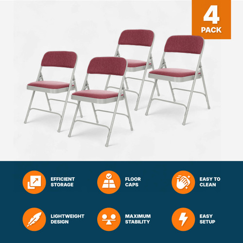 Heavy-Duty Premium Fabric Padded Upholstery Double-Hinged Folding Chairs (4-Pack, Crimson Red/Gray)
