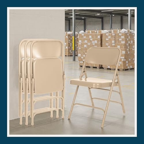 Premium Heavy-Duty All-Steel Folding Chairs, Triple-Braced Commercial Metal Chairs with Double Hinges, 500 lb Capacity (4-Pack, Beige)