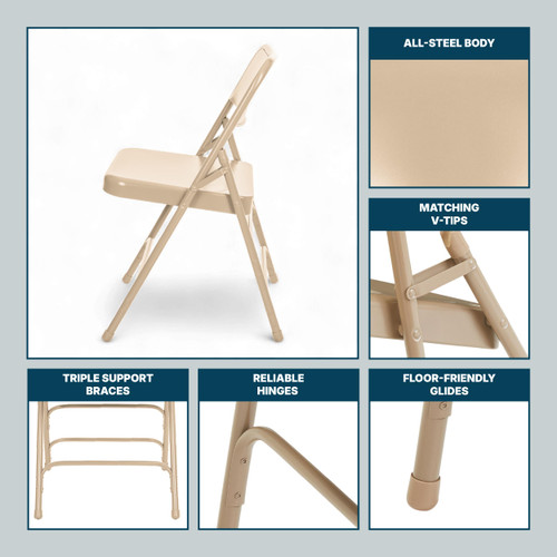 Premium Heavy-Duty All-Steel Folding Chairs, Triple-Braced Commercial Metal Chairs with Double Hinges, 500 lb Capacity (4-Pack, Beige)