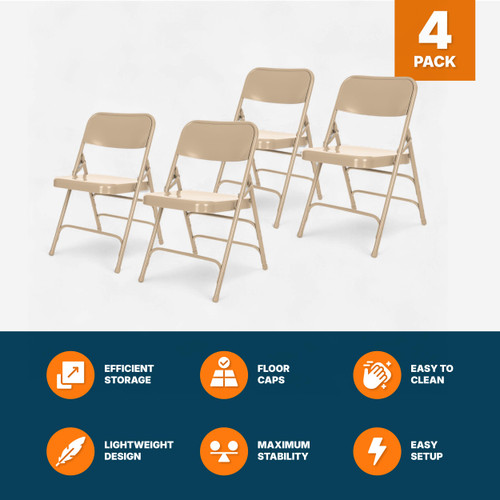 Premium Heavy-Duty All-Steel Folding Chairs, Triple-Braced Commercial Metal Chairs with Double Hinges, 500 lb Capacity (4-Pack, Beige)