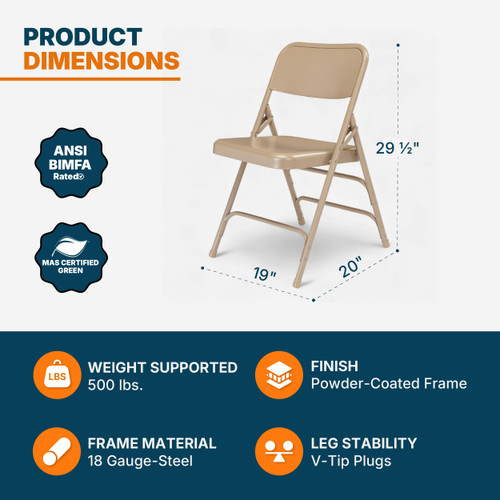 Premium Heavy-Duty All-Steel Folding Chairs, Triple-Braced Commercial Metal Chairs with Double Hinges, 500 lb Capacity (4-Pack, Beige)