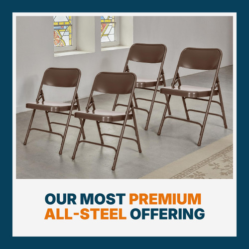 Premium Heavy-Duty All-Steel Folding Chairs, Triple-Braced Commercial Metal Chairs with Double Hinges, 500 lb Capacity (4-Pack, Brown)