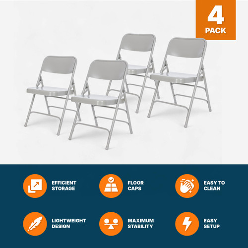 Premium Heavy-Duty All-Steel Folding Chairs, Triple-Braced Commercial Metal Chairs with Double Hinges, 500 lb Capacity (4-Pack, Gray)
