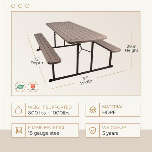 Heavy Duty Blow Molded Folding Picnic Table - Brown, Brown Frame