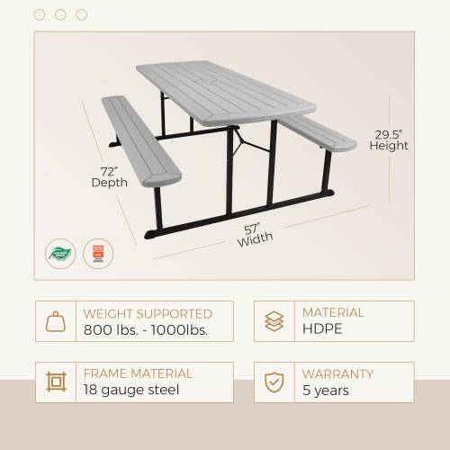 Heavy Duty Blow Molded Folding Picnic Table- Light Speckled Grey, Black Frame
