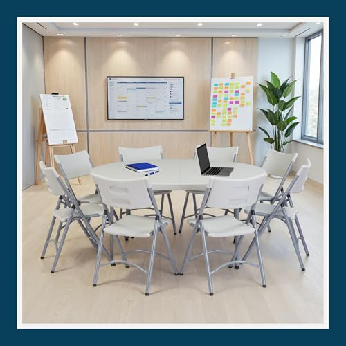 Commercial-Grade Premium Industrial Fold-in-Half Blow-Molded Folding Table with 19-Gauge Steel Frame and Thick Top (60" Diameter, Speckled Gray Top)