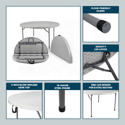 Commercial-Grade Premium Industrial Fold-in-Half Blow-Molded Folding Table with 19-Gauge Steel Frame and Thick Top (60" Diameter, Speckled Gray Top)