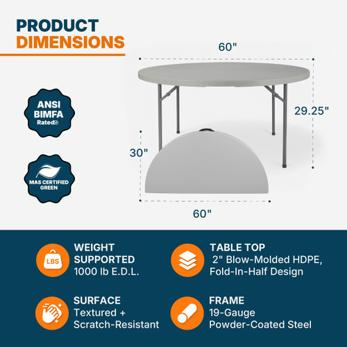 Commercial-Grade Premium Industrial Fold-in-Half Blow-Molded Folding Table with 19-Gauge Steel Frame and Thick Top (60" Diameter, Speckled Gray Top)