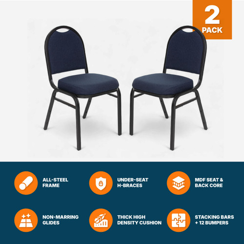 Dome Back Upholstered Stackable Banquet Chairs Premium Commercial Seating (2 Pack, Fabric, Midnight Blue, Black Santex Frame)