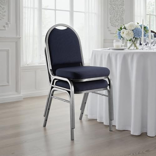 Dome Back Upholstered Stackable Banquet Chairs Premium Commercial Seating (2 Pack, Fabric, Midnight Blue, Silvervein Frame)