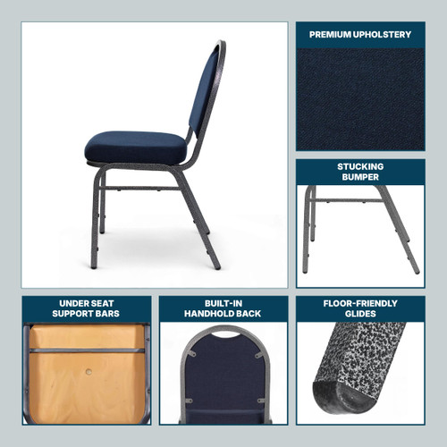 Dome Back Upholstered Stackable Banquet Chairs Premium Commercial Seating (2 Pack, Fabric, Midnight Blue, Silvervein Frame)