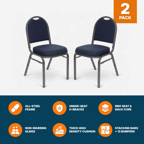 Dome Back Upholstered Stackable Banquet Chairs Premium Commercial Seating (2 Pack, Fabric, Midnight Blue, Silvervein Frame)
