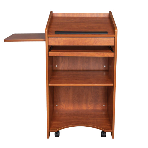 Mobile Floor Lectern with Side Shelf And Keyboard Tray, Cherry