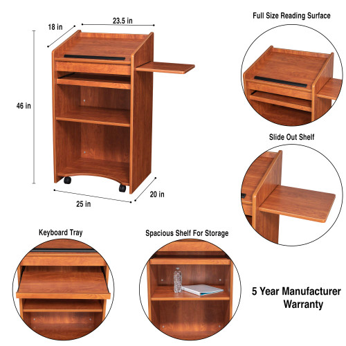 Mobile Floor Lectern with Side Shelf And Keyboard Tray, Cherry