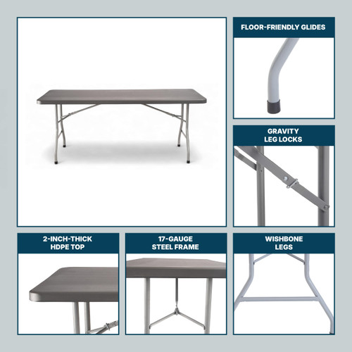 Rectangular Commercial-Grade Premium Industrial Folding Table, Heavy-Duty Blow-Molded Design with Thick Top and 17-Gauge Steel Frame (30" × 72", Charcoal Slate Top)