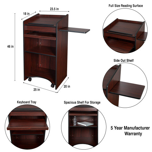 Mobile Floor Lectern with Side Shelf And Keyboard Tray, Mahogany