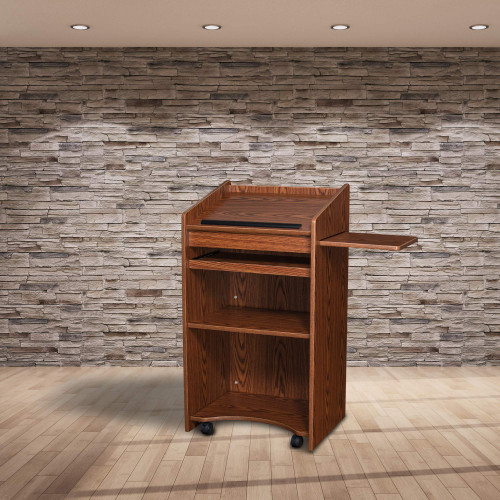 Core Command Series Mobile Lectern with Side Shelf (Medium Oak)