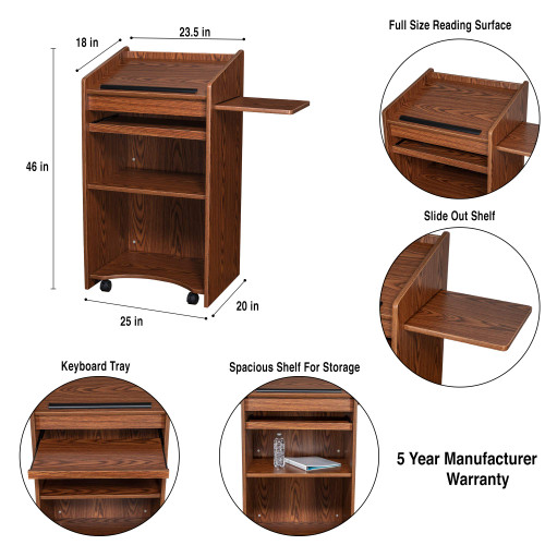 Core Command Series Mobile Lectern with Side Shelf (Medium Oak)