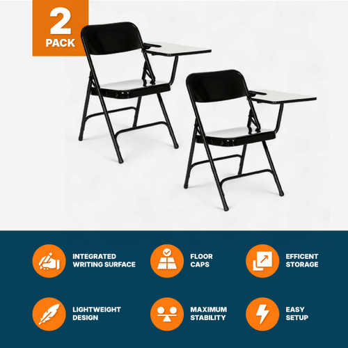 Heavy-Duty Folding Chairs with Tablet Arm, Steel Frame, Writing Surface, Dual Braces (2-Pack, Black, Left Handed)