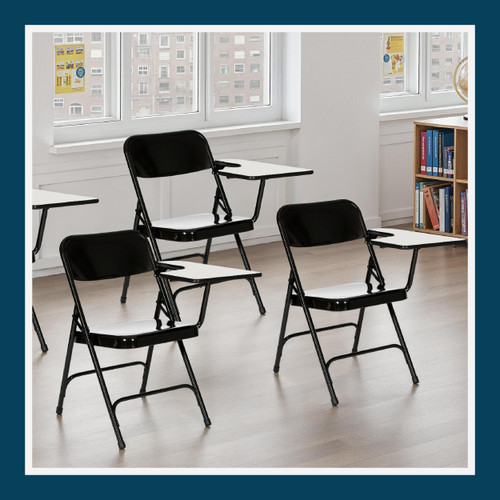 Heavy-Duty Folding Chairs with Tablet Arm, Steel Frame, Writing Surface, Dual Braces (2-Pack, Black, Left Handed)