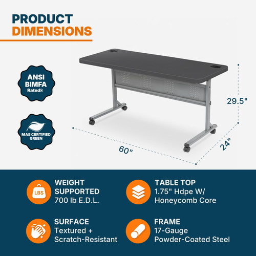 Commercial-Grade Premium Industrial Nesting Flip-Top Blow-Molded Training Table with Steel Frame and a 1.75" Thick Surface (24" × 60", Charcoal Slate Top)