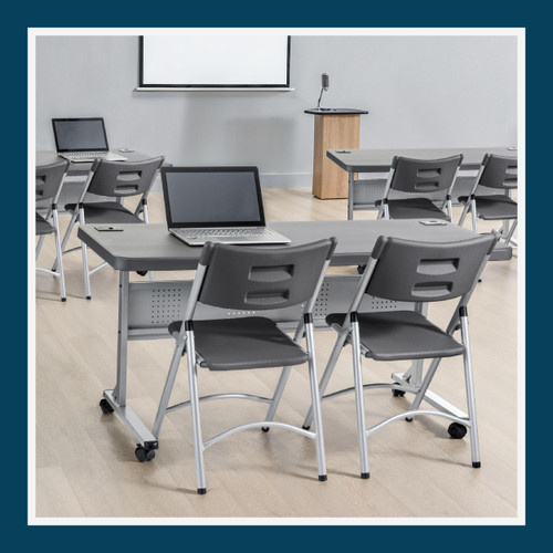 Commercial-Grade Premium Industrial Nesting Flip-Top Blow-Molded Training Table with Steel Frame and a 1.75" Thick Surface (24" × 60", Charcoal Slate Top)