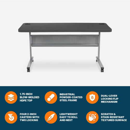 Commercial-Grade Premium Industrial Nesting Flip-Top Blow-Molded Training Table with Steel Frame and a 1.75" Thick Surface (24" × 72", Charcoal Slate Top)