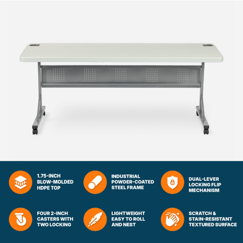 Commercial-Grade Premium Industrial Nesting Flip-Top Blow-Molded Training Table with Steel Frame and a 1.75" Thick Surface (24" × 72", Speckled Grey Top)