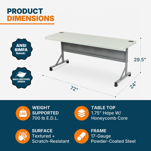 Commercial-Grade Premium Industrial Nesting Flip-Top Blow-Molded Training Table with Steel Frame and a 1.75" Thick Surface (24" × 72", Speckled Grey Top)