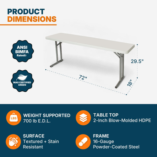 Commercial-Grade Premium Industrial Seminar Folding Table with Thick Blow-Molded Top and 16-Gauge Cantilever Steel Legs (Seminar, 18" × 72", Speckled Gray Top)