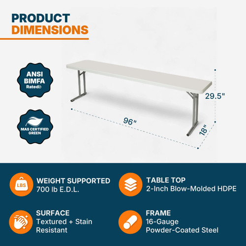 Commercial-Grade Premium Industrial Seminar Folding Table with Thick Blow-Molded Top and 16-Gauge Cantilever Steel Legs (Seminar, 18" × 96", Speckled Gray Top)