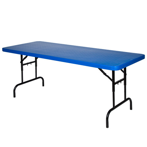 Adjustable-Height Commercial-Grade Premium Industrial Folding Table, 6-Foot Pedestal-Leg Design with 17-Gauge Steel Frame and Thick Double-Wall Top (72" × 30", Blue Top)