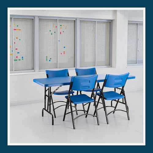 Adjustable-Height Commercial-Grade Premium Industrial Folding Table, 6-Foot Pedestal-Leg Design with 17-Gauge Steel Frame and Thick Double-Wall Top (72" × 30", Blue Top)