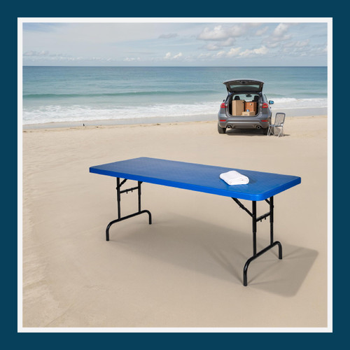Adjustable-Height Commercial-Grade Premium Industrial Folding Table, 6-Foot Pedestal-Leg Design with 17-Gauge Steel Frame and Thick Double-Wall Top (72" × 30", Blue Top)