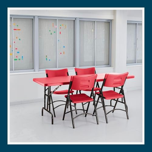Adjustable-Height Commercial-Grade Premium Industrial Folding Table, 6-Foot Pedestal-Leg Design with 17-Gauge Steel Frame and Thick Double-Wall Top (72" × 30", Red Top)