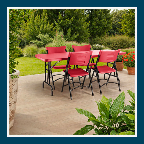 Adjustable-Height Commercial-Grade Premium Industrial Folding Table, 6-Foot Pedestal-Leg Design with 17-Gauge Steel Frame and Thick Double-Wall Top (72" × 30", Red Top)