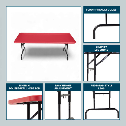 Adjustable-Height Commercial-Grade Premium Industrial Folding Table, 6-Foot Pedestal-Leg Design with 17-Gauge Steel Frame and Thick Double-Wall Top (72" × 30", Red Top)