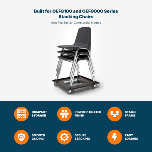 Folding Chair Dolly Black Powder Coated Steel Cart with Swiveling Casters (10 Chairs Fits OEF8100 and OEF9000 Series 1375 lb Capacity)