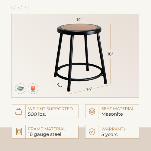 Premium Commercial-Grade All-Purpose Round Stool (18-inch Height, Black Frame, Masonite Wood Seat)