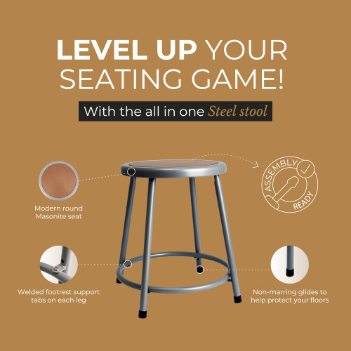 Premium Commercial-Grade All-Purpose Round Stool (18-inch Height, Gray Frame, Masonite Wood Seat)