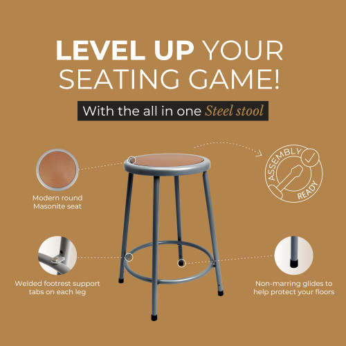 Premium Commercial-Grade All-Purpose Round Stool (24-inch Height, Gray Frame, Masonite Wood Seat)