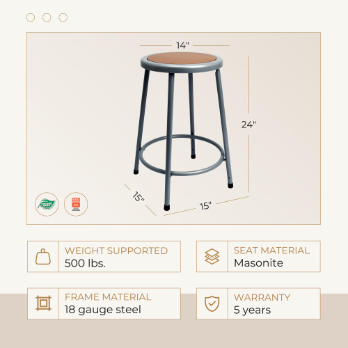 Premium Commercial-Grade All-Purpose Round Stool (24-inch Height, Gray Frame, Masonite Wood Seat)